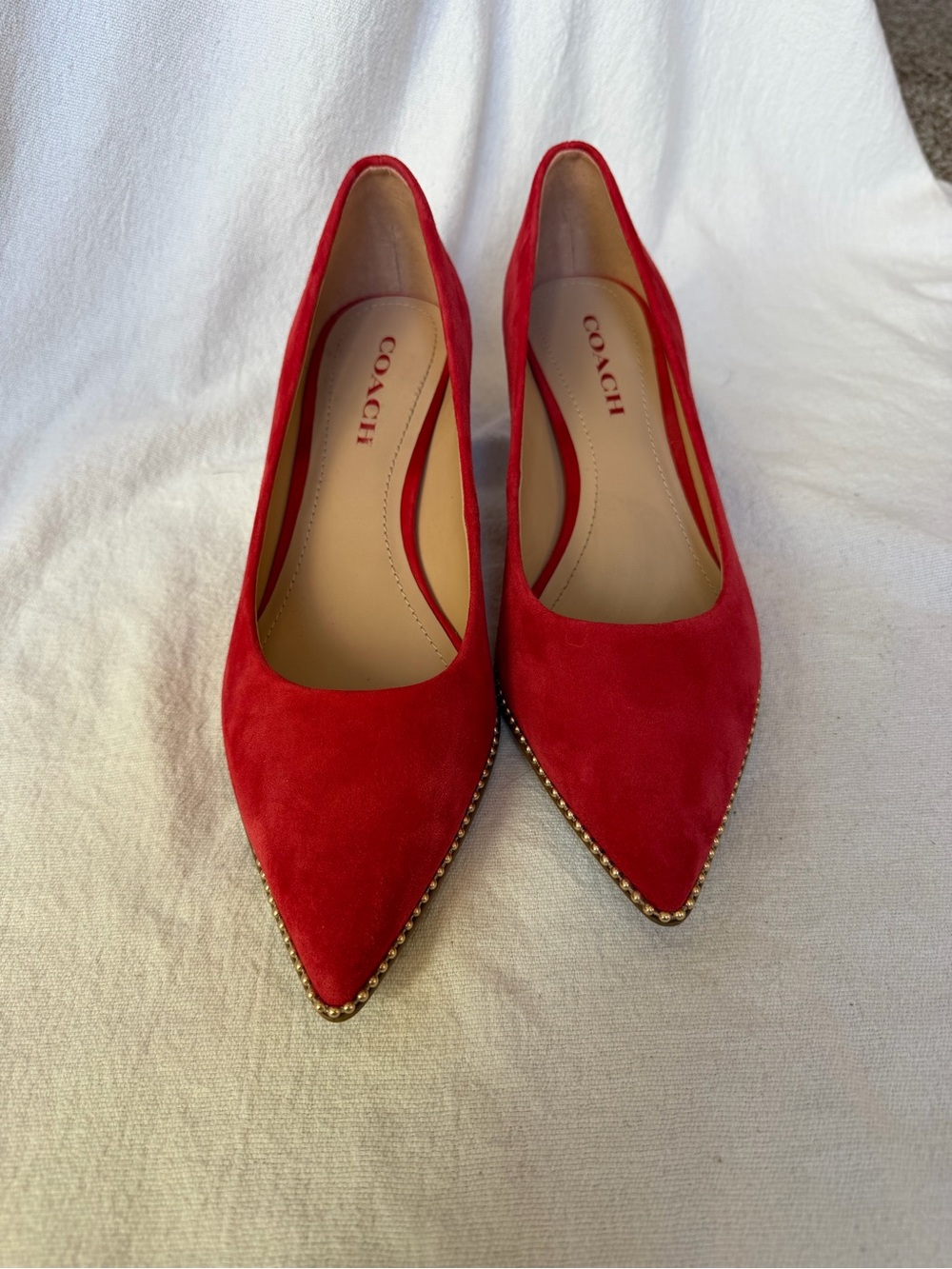Coach Red Suede Gold Stud Trim Pointed Toe Pumps Heels 9.5 - Picture 2 of 9